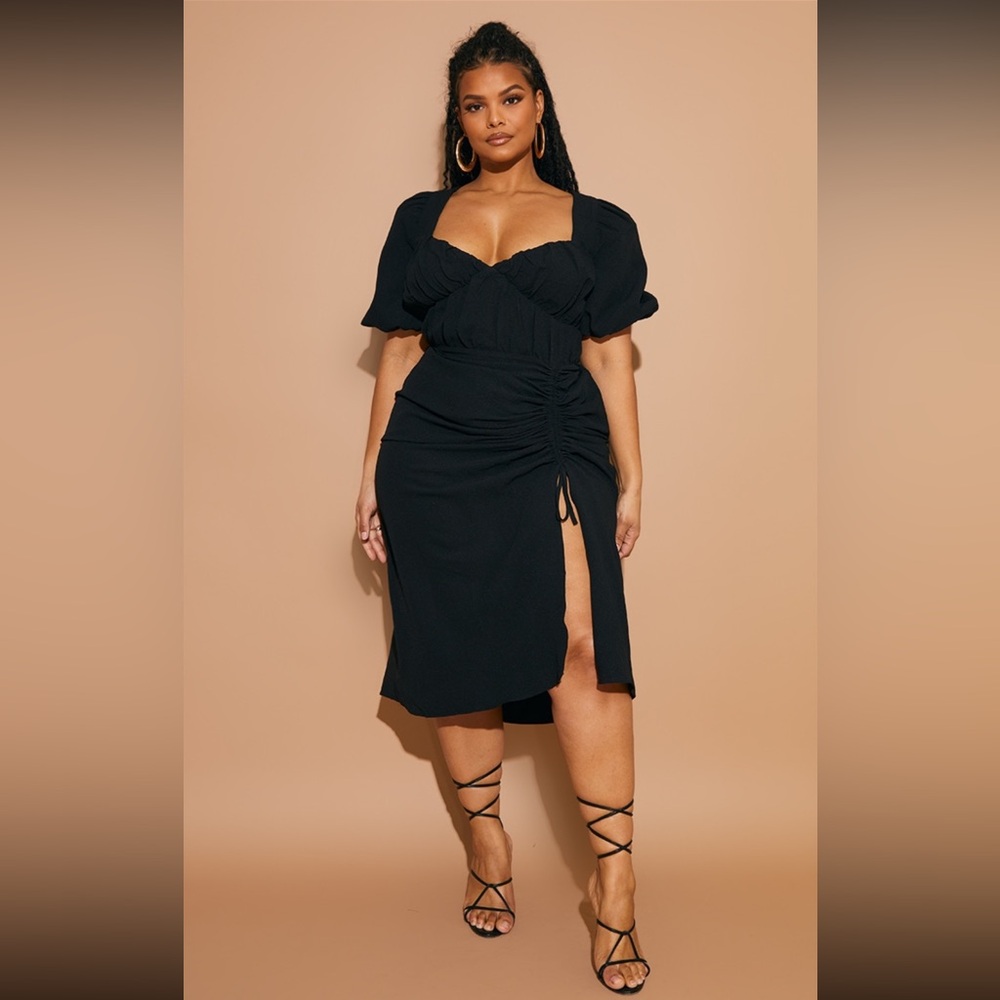 Plus Black Puff Sleeve Ruched Side Split Midi Dress from PrettyLittleThing